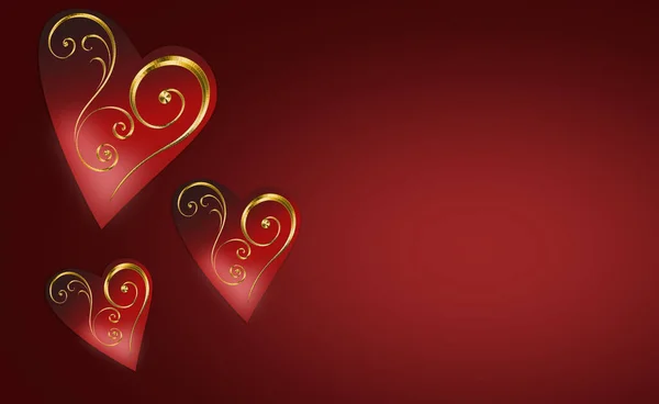 Red Hearts Gold Pattern Dark Red Background Space Text — 스톡 사진