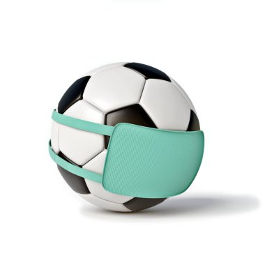 Ameliyat maskeli ve post-it 'li futbol topu. Coronavirus etkileri ve spor üzerindeki sonuçları. 3d illüstrasyon