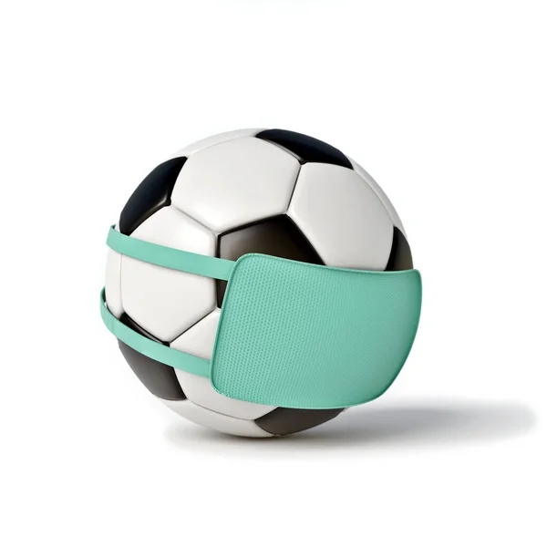 手術用マスクとポストそれとサッカーボール コロナウイルスの影響とスポーツへの影響 3Dイラスト — ストック写真