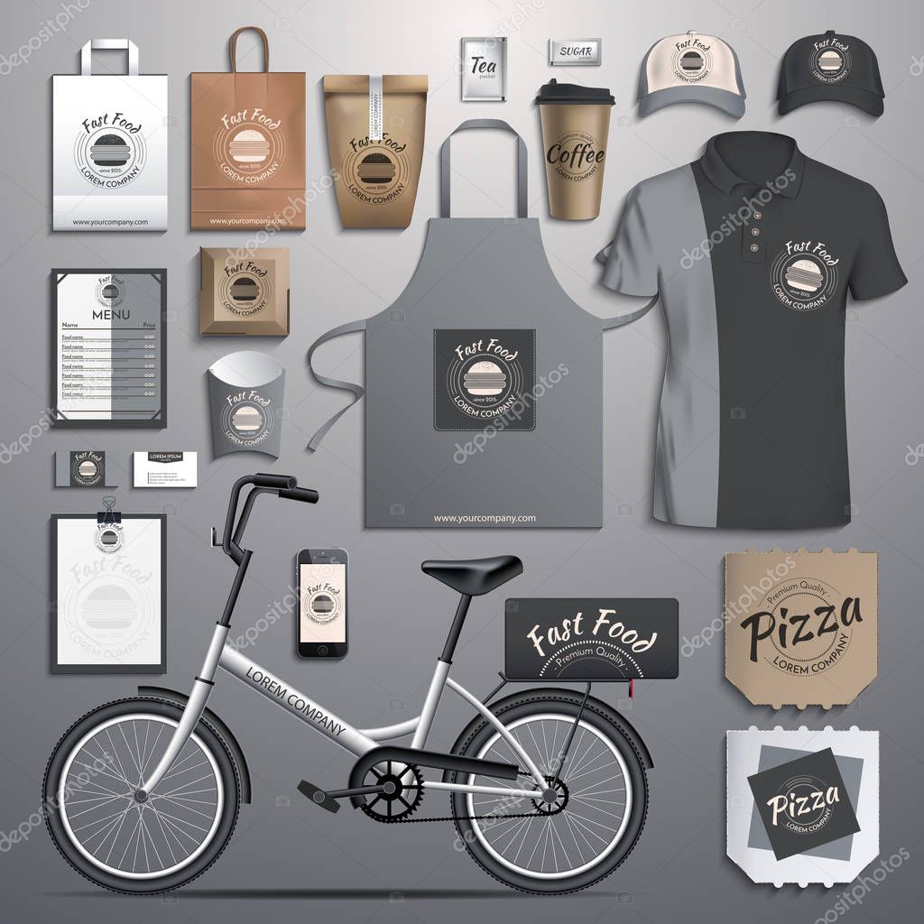 Vector illustration corporate identity, fast food, delivery bikes. Template designs of corporate style in dark colors