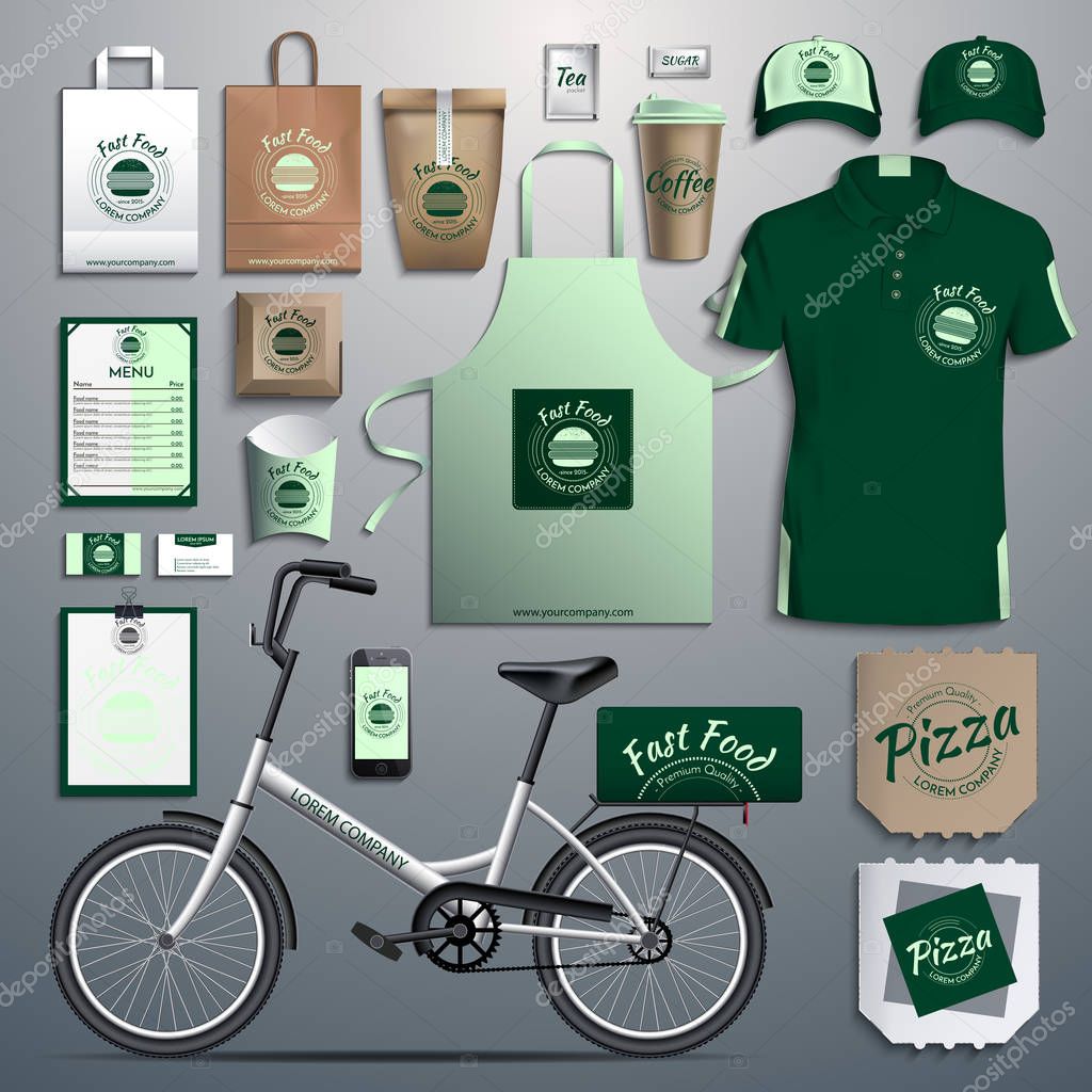 Vector illustration corporate identity, fast food, delivery bikes. pattern design corporate identity. Green color.