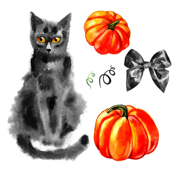 Halloween arcos de cetim, abóbora e conjunto de aquarela gato preto — Fotografia de Stock