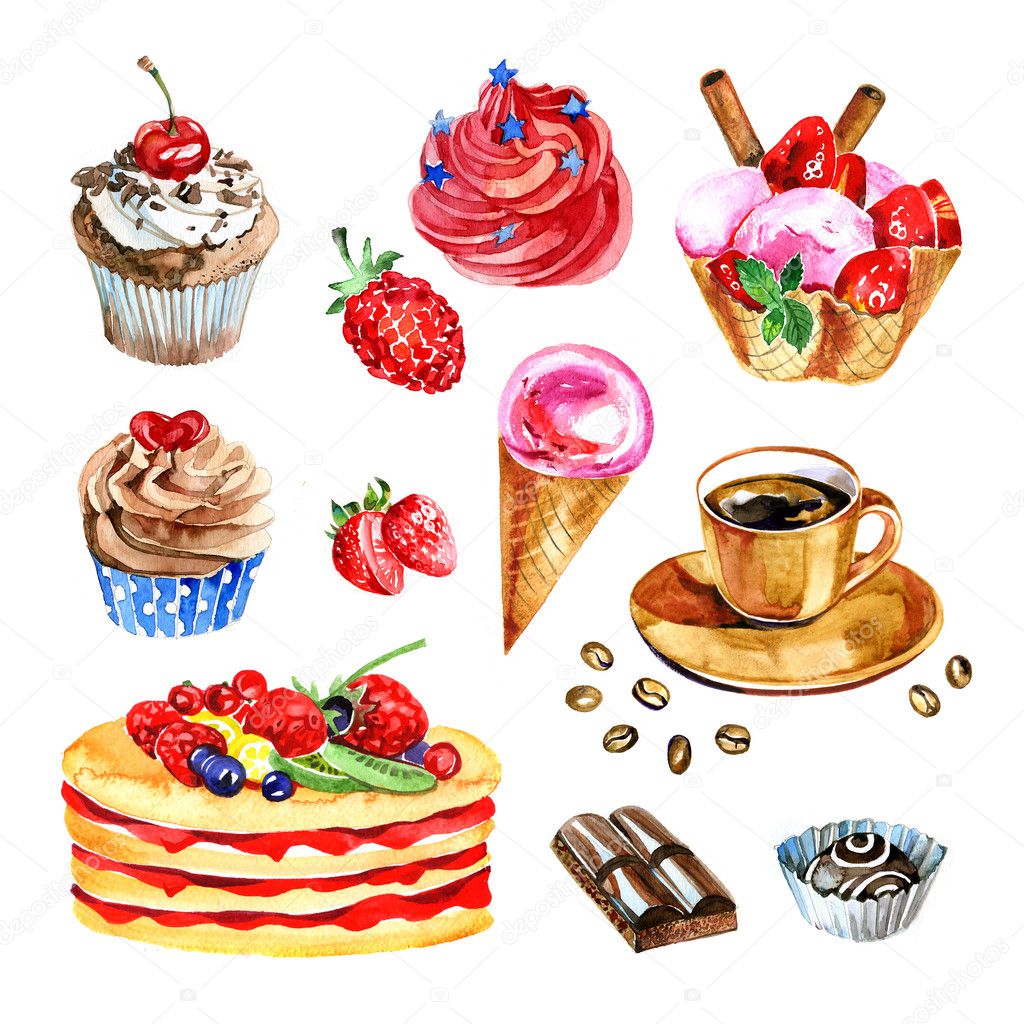 set of watercolor desserts, chocolate, coffee, cupcake, hand drawn illustration
