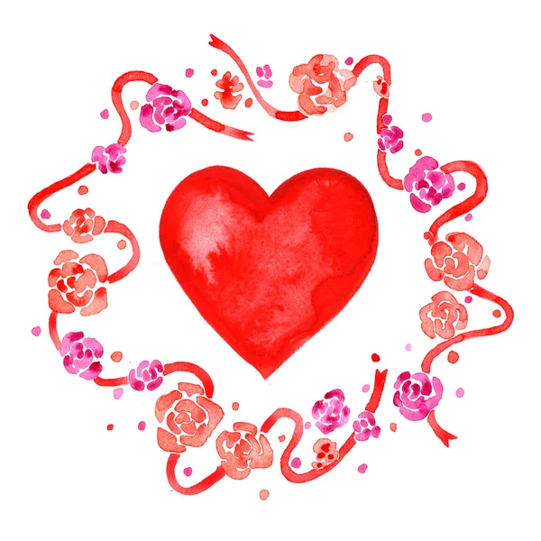 Akwarela ilustracja na Walentynki z Wieniec kwiatów i serca — Zdjęcie stockowe