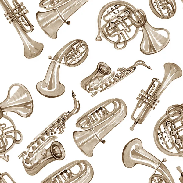 Akvarell koppar blåsorkester musik mönster — Stockfoto