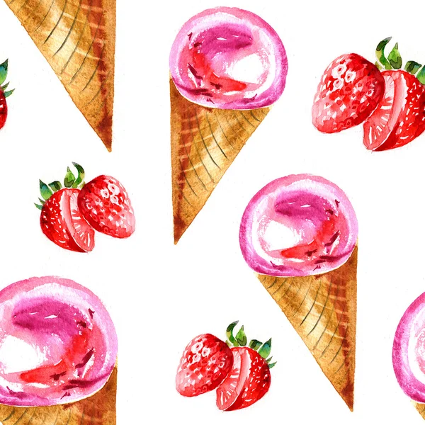Vzor bezešvé s kornouty na zmrzlinu. Akvarel. — Stock fotografie