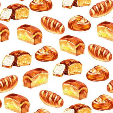 Sulu Boya stilinde pişirme seti. Çörekler, baget ekmek, ekmek