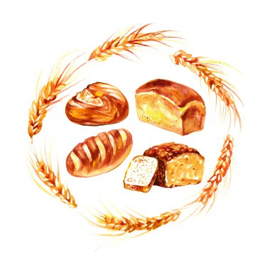 Sulu Boya stilinde pişirme seti. Çörekler, baget ekmek, ekmek