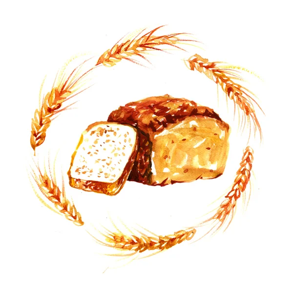 Zestaw do pieczenia w stylu przypominającym akwarele. Bułki, bagietki, chleb — Zdjęcie stockowe