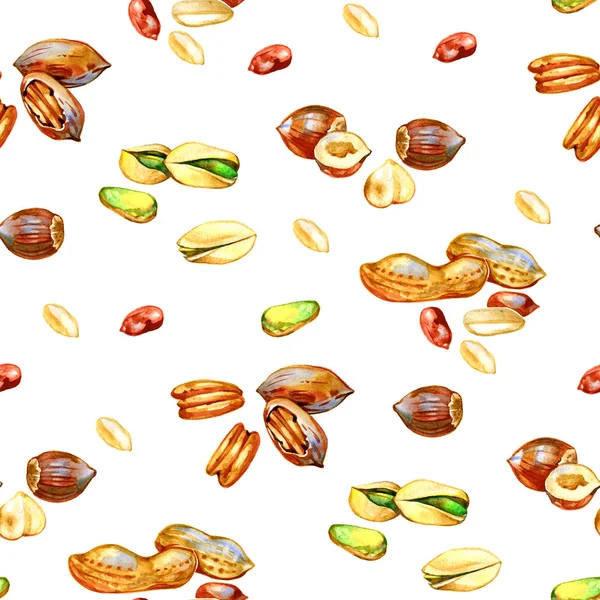 Seamless mönster med olika akvarell nötter — Stockfoto