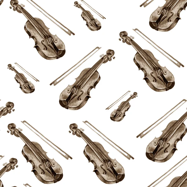 Seamless watercolor pattern with violin on the white background. — ストック写真