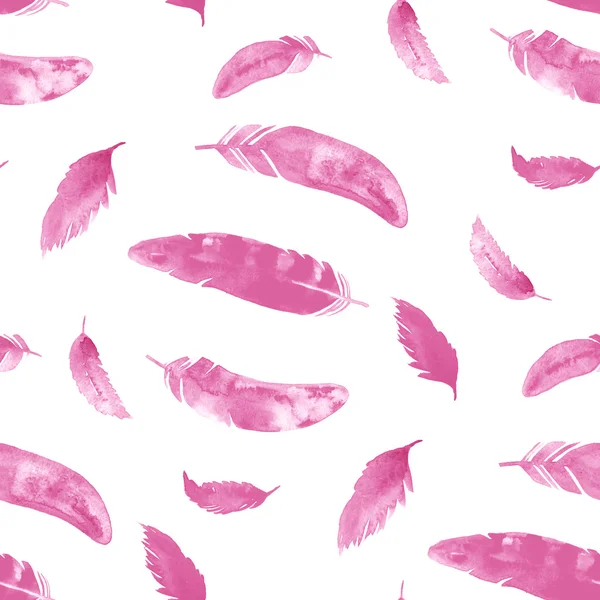 Безшовний акварельний візерунок. Літаюче перо в романтичному фіолетовому і рожевому кольорах . — стокове фото