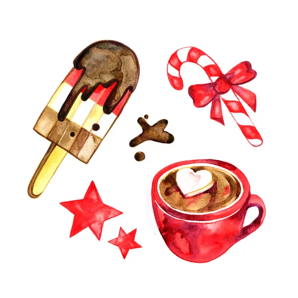 Akwarela zestaw słodycze wakacje: lody, słodycze, gorąca czekolada. Boże Narodzenie — Zdjęcie stockowe