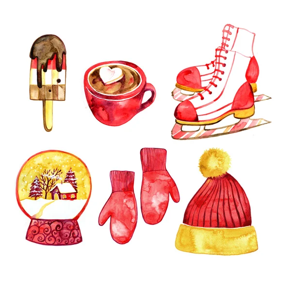 Ensemble de Noël chapeau, mitaines, crème glacée, chocolat, patinage, boule à neige — Photo