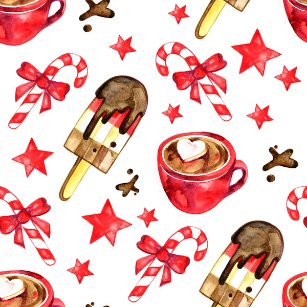 Akvarell uppsättning godis för semester - jul sömlösa mönster. — Stockfoto