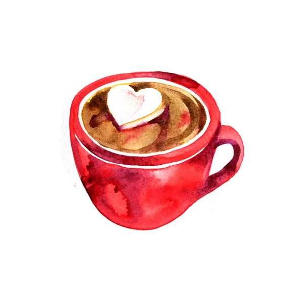 Hermosa taza roja. Chocolate caliente y malvaviscos. Ilustración en acuarela . —  Fotos de Stock
