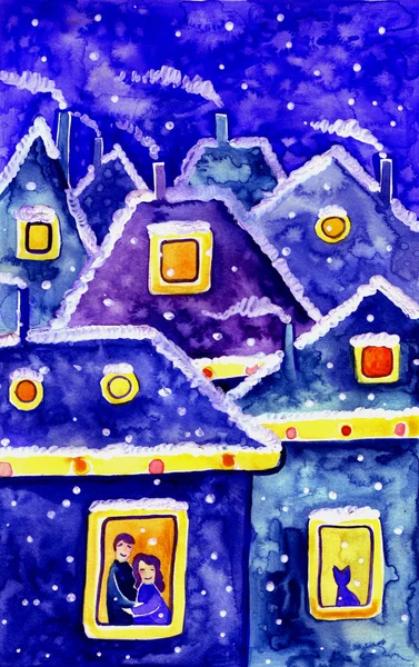 Akvarelu Vánoční blahopřání s domy pod sněhem. — Stock fotografie