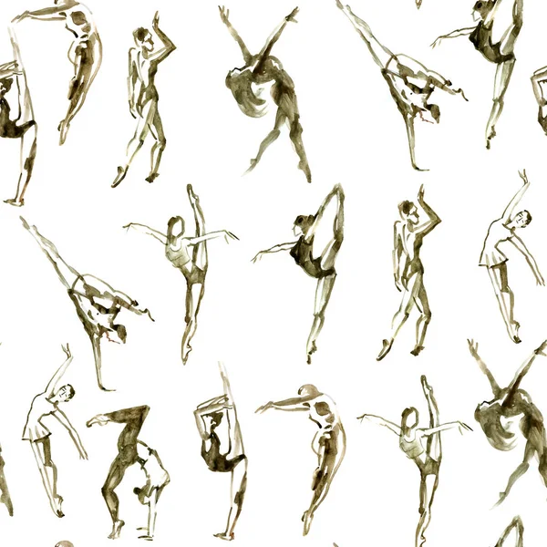 Sepia dancing peoples. Watercolor textured seamless pattern. — Stock Photo, Image