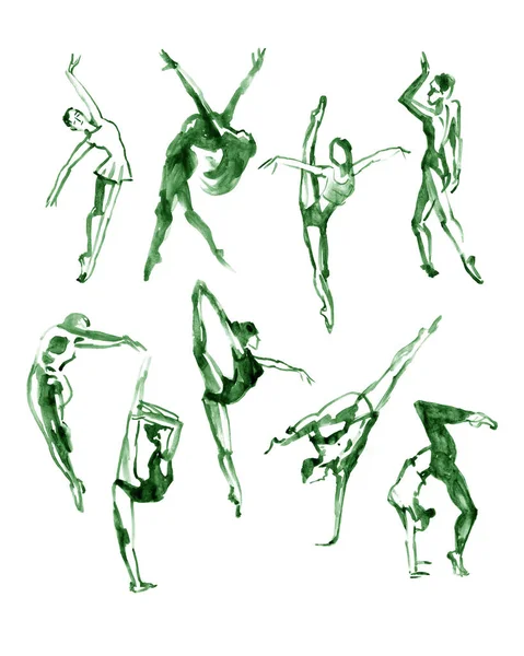 Set di pose da balletto. Balla. Illustrazione ad acquerello su sfondo bianco . — Foto Stock