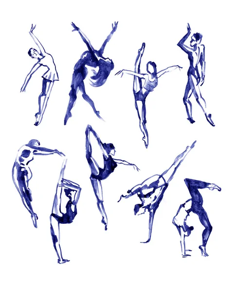 Set di pose da balletto. Balla. Illustrazione ad acquerello su sfondo bianco . — Foto Stock