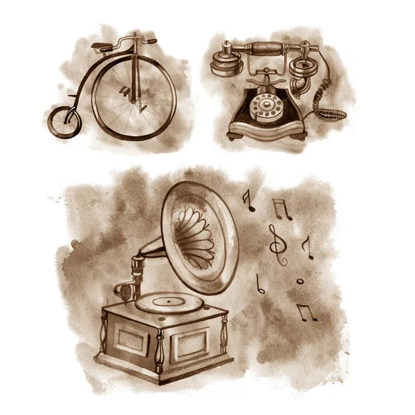 Retro vintage sépiový sada akvarel ilustrace - kolo, gramofon, telefon — Stock fotografie