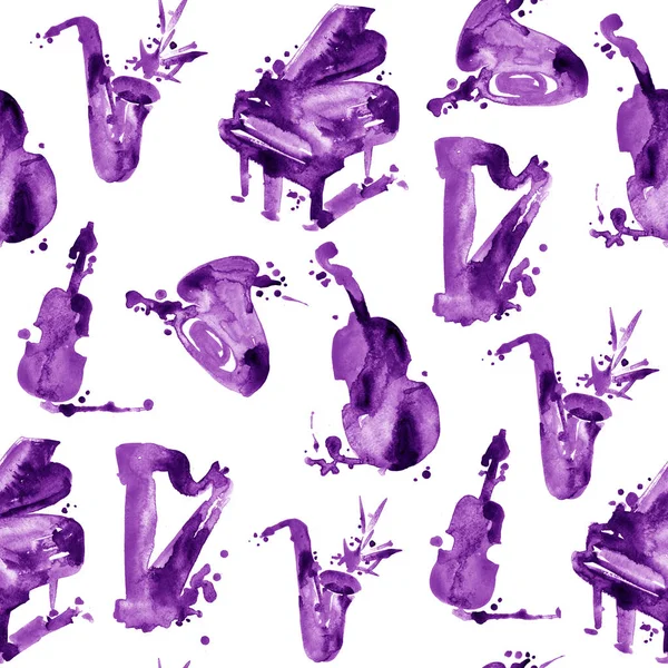 Violette dekorative Aquarell Splash Musik nahtloses Muster — Stockfoto