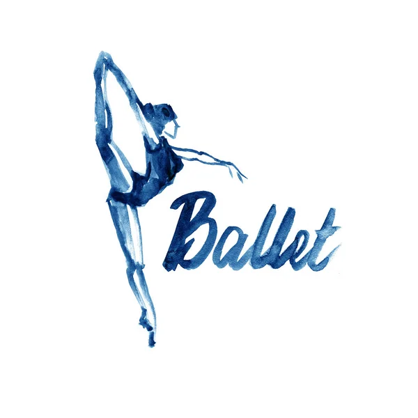 Akwarela ilustracja niebieski ikona baleriny w tańcu. Zaprojektuj plakat szkoły baletowej, studio — Zdjęcie stockowe