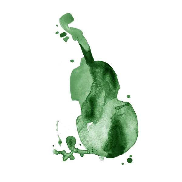 Зеленой рукой нарисован классический струнный музыкальный инструмент. Акварельная контрабаса . — стоковое фото