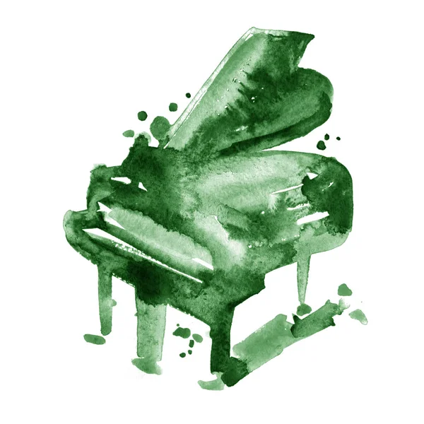 Acquerello verde schizzo pianoforte a coda su sfondo bianco — Foto Stock