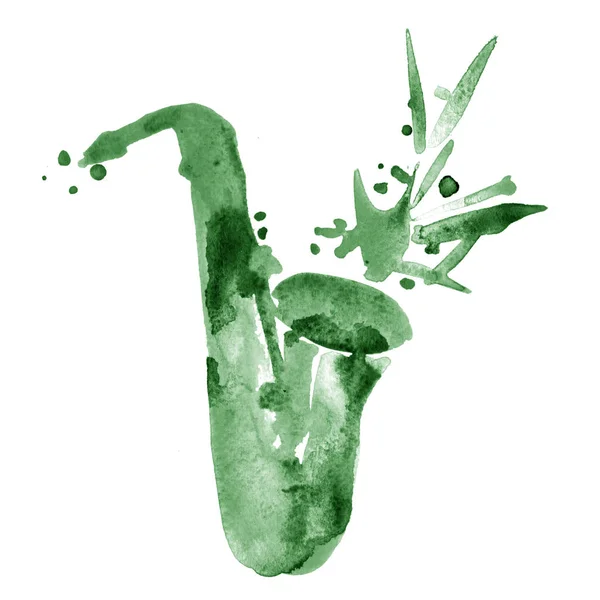 Akwarela ilustracja jazz zielony klasycznego saksofon alt — Zdjęcie stockowe