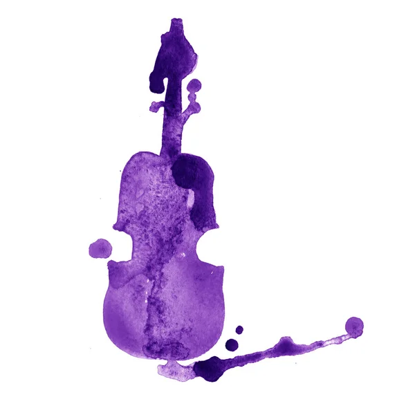 Aguarela mão desenhado violino violeta com respingo no fundo branco — Fotografia de Stock