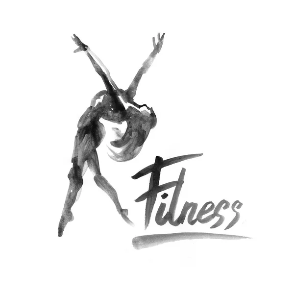 Watercolor fitness logo illustration with hand written calligraphy lettering inscription. — Stock Photo, Image
