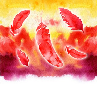 suluboya kırmızı ateşli tüyler arka plan. Kumaş, yatak takımları, kağıt, baskı vb için çizilmiş aquarelle el