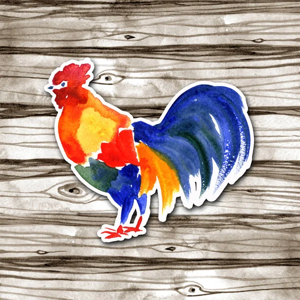Diseño de la tarjeta de Año Nuevo chino con gallo rojo, símbolo del zodíaco de 2017, sobre fondo de madera de acuarela . — Foto de Stock