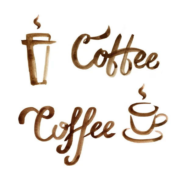 Carta lettering disegnata a mano con acquerello tazza di caffè marrone su sfondo bianco . — Foto Stock