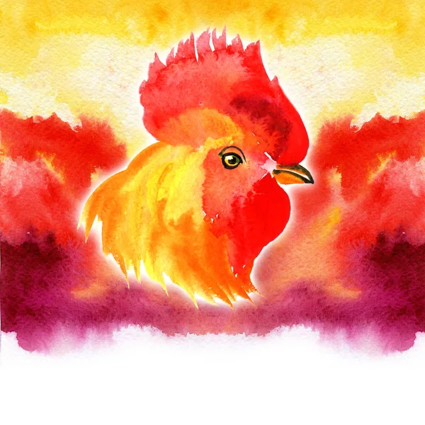 Carta cinese di Capodanno Design con gallo rosso, simbolo zodiacale del 2017, su sfondo acquerello ardente . — Foto Stock