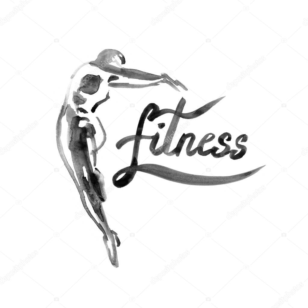 Watercolor fitness logo illustration with hand written calligraphy lettering inscription fitness. Isolated on white.