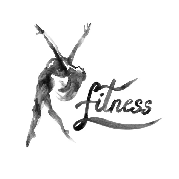 Watercolor fitness logotipo ilustração com caligrafia escrita à mão lettering inscrição . — Fotografia de Stock