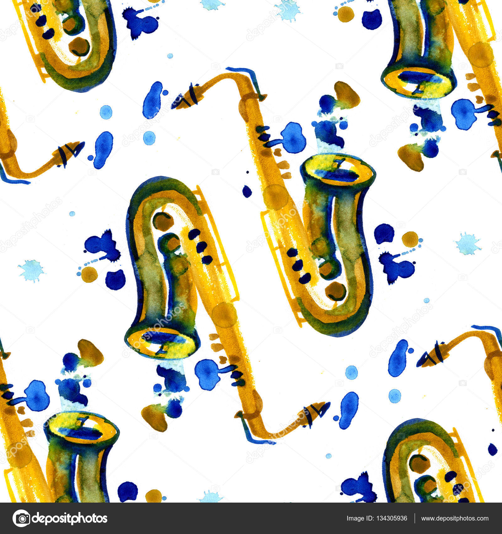 Watercolor copper brass band saxophone seamless pattern on white