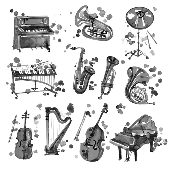 Instrumentos musicais negros aquarela bonito, incluindo piano, violino, saxofone, tambor, e outros, estilo vintage — Fotografia de Stock