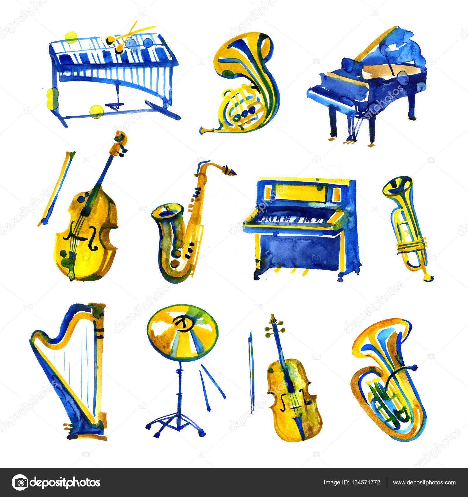 Cute watercolor musical instruments including piano, violin, saxophone