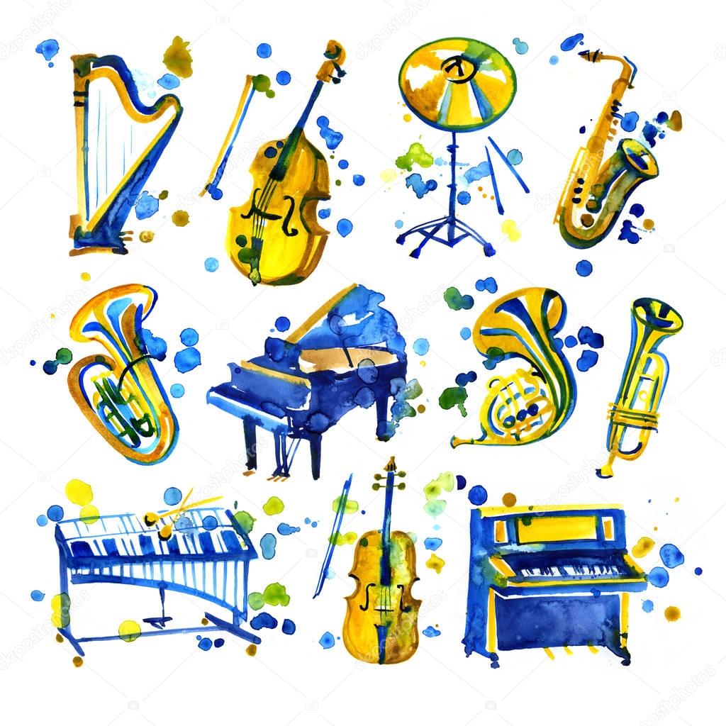 Cute watercolor musical instruments including piano, violin, saxophone, drum, and other, vintage