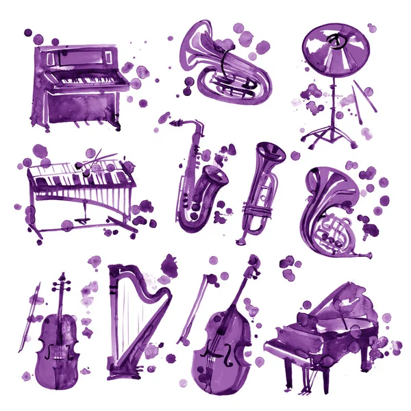 Conjunto de instrumentos musicales violeta acuarela . —  Fotos de Stock