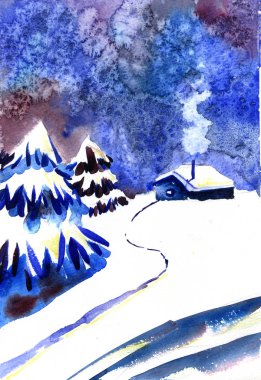 Kış zamanı. Sulu Boya gece arka plan.