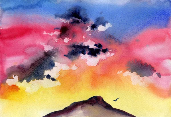 Akvarell illusztrációja naplementét a hegyek között — Stock Fotó