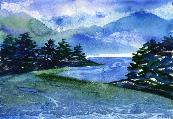 Akvarell illustration av mountain river. — Stockfoto