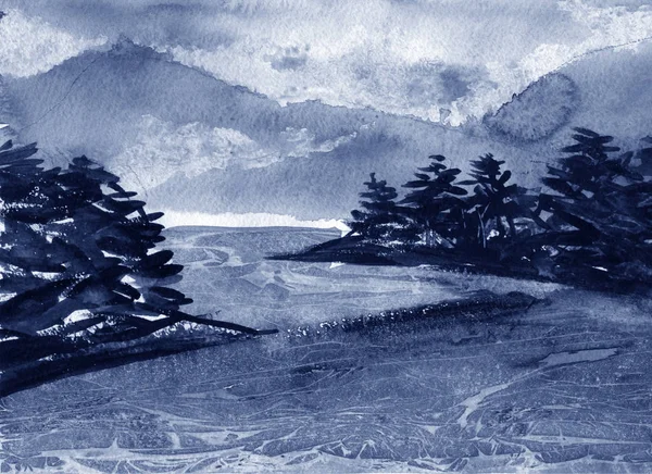 Ilustração aquarela do rio da montanha . — Fotografia de Stock
