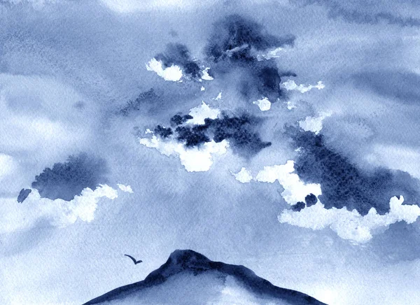 Aquarell-Illustration von Bergen, Wolken und Vögeln — Stockfoto