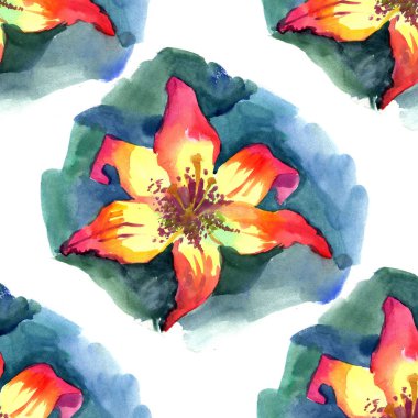 Sulu boya boyalı illüstrasyon Dikişsiz desen sarı turuncu kırmızı Lily
