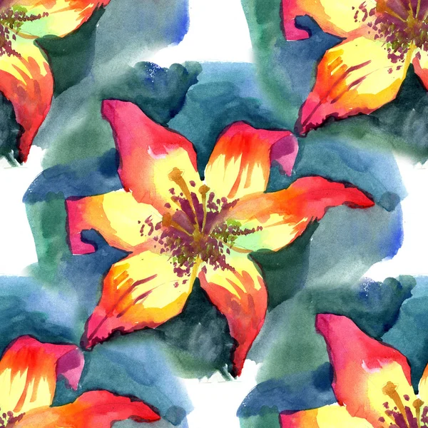 Aquarela pintada ilustração sem costura padrão amarelo laranja vermelho lírio — Fotografia de Stock